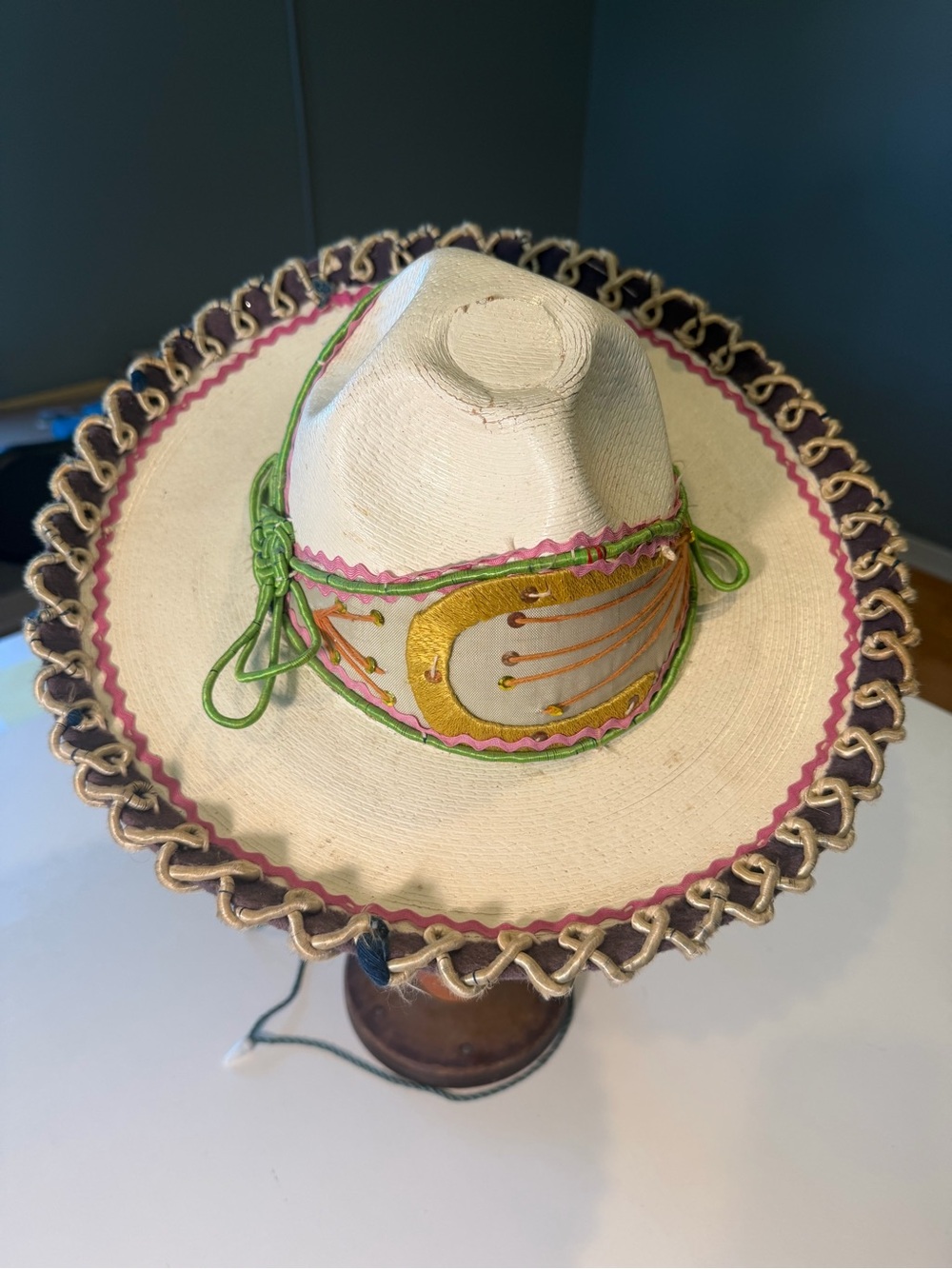 Embroidered White Painted Straw Hat Sombrero with Pink & Green Trim Vintage